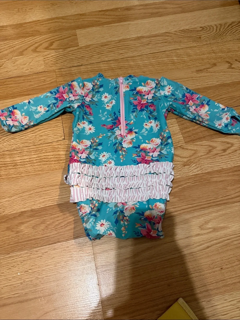 Ruffle Butts Turquoise Floral Long-Sleeve One-Piece Swimsuit with Pink Bows